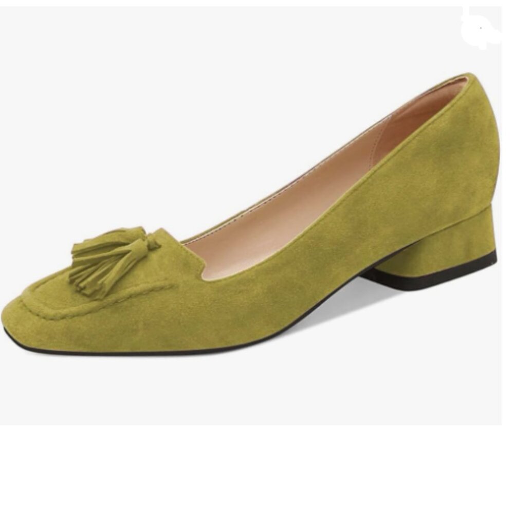 YDN Olive Block Low Heel Loafers Square Toe Tassel Fringed Slip On Dress Pump